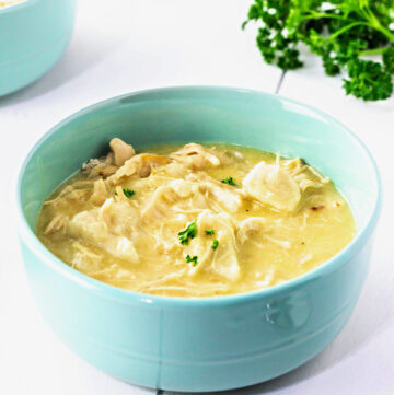 Bowl of chicken and dumplings topped with garnish.