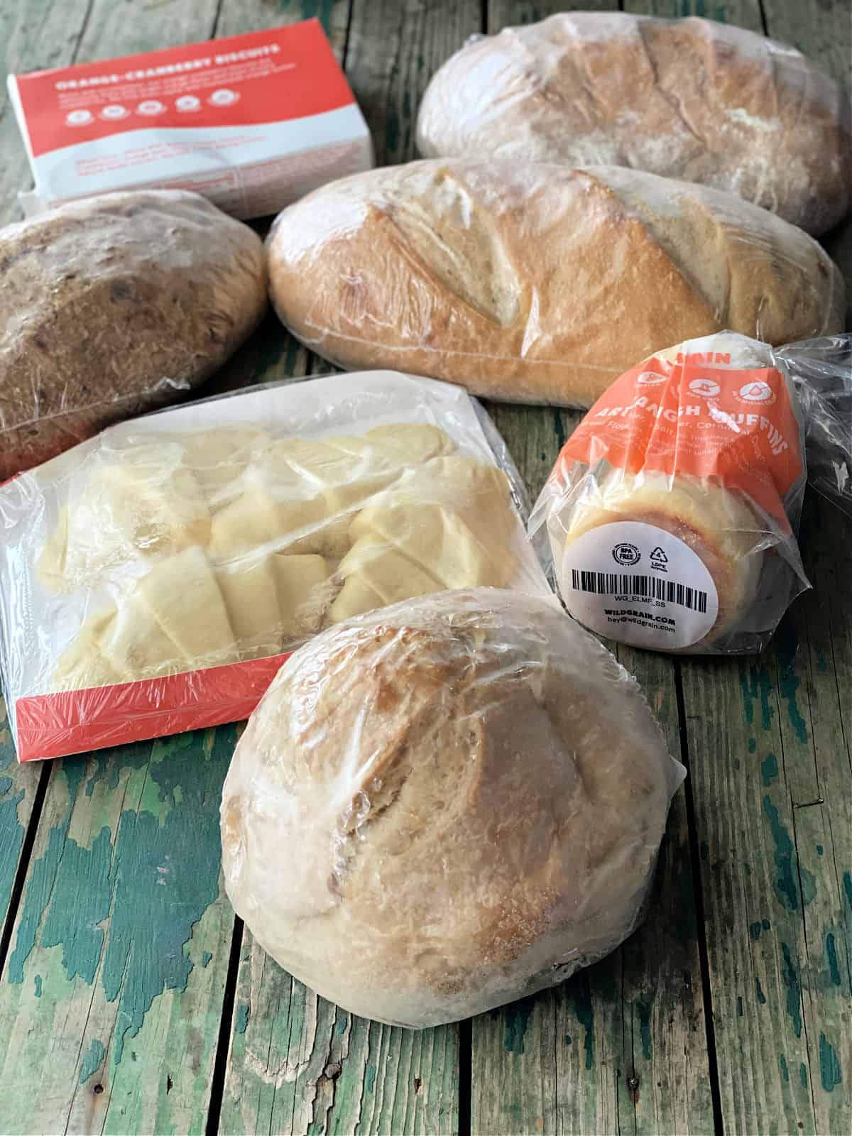 Frozen bread boule, frozen croissants, frozen English muffins, frozen biscuits, and frozen sourdough bread.