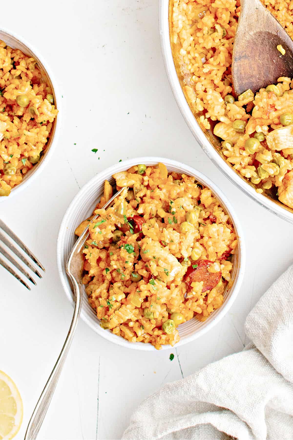 Chicken and chorizo paella in a bowl.