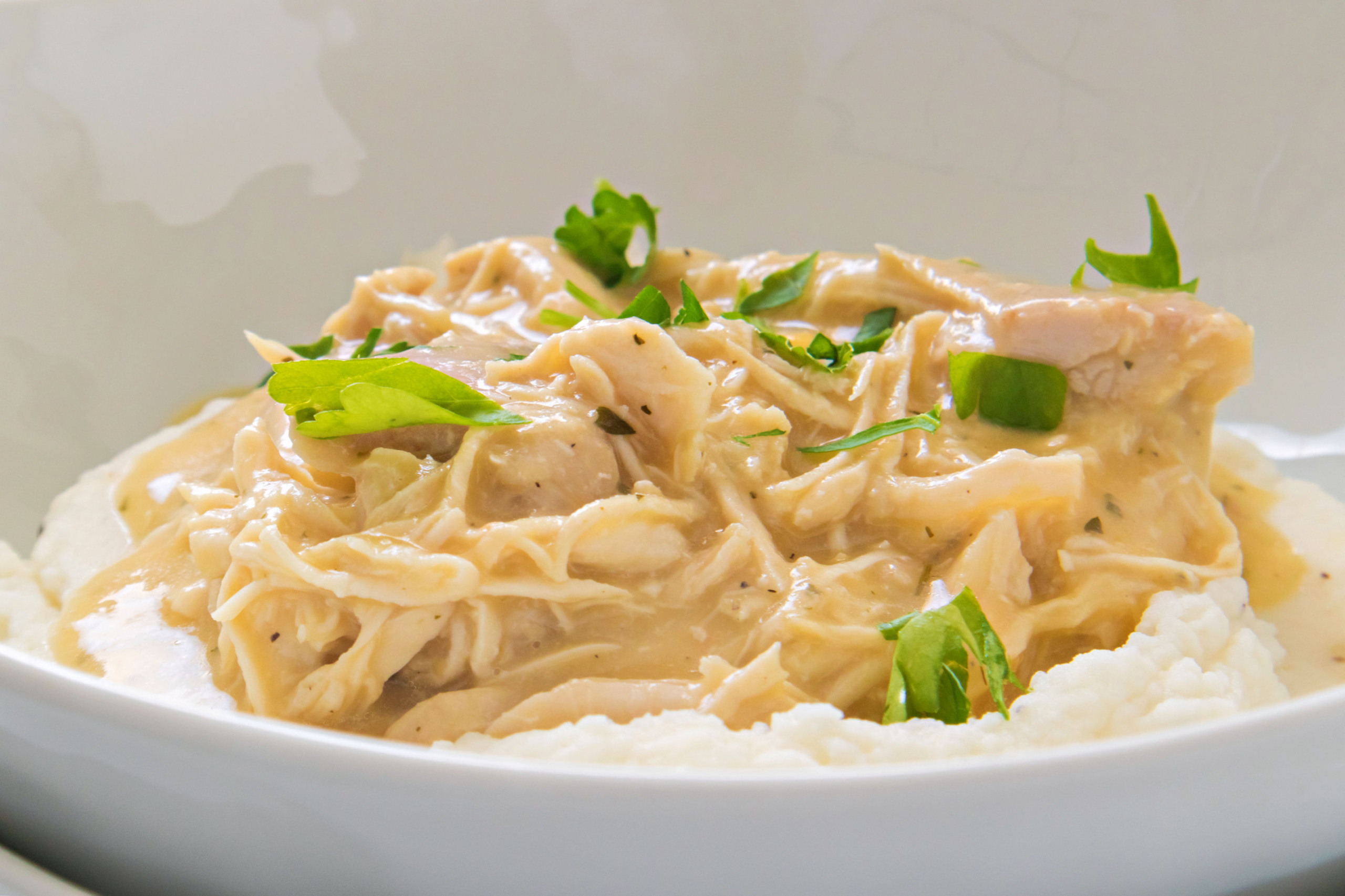 Bowl of chicken and gravy over mashed potatoes.