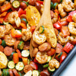 Cajun shrimp and rice on a sheet pan.