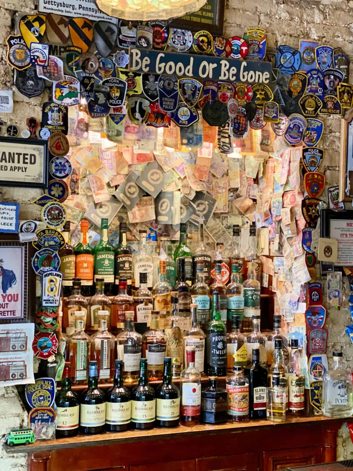 Bottles of liquor and foreign currency.