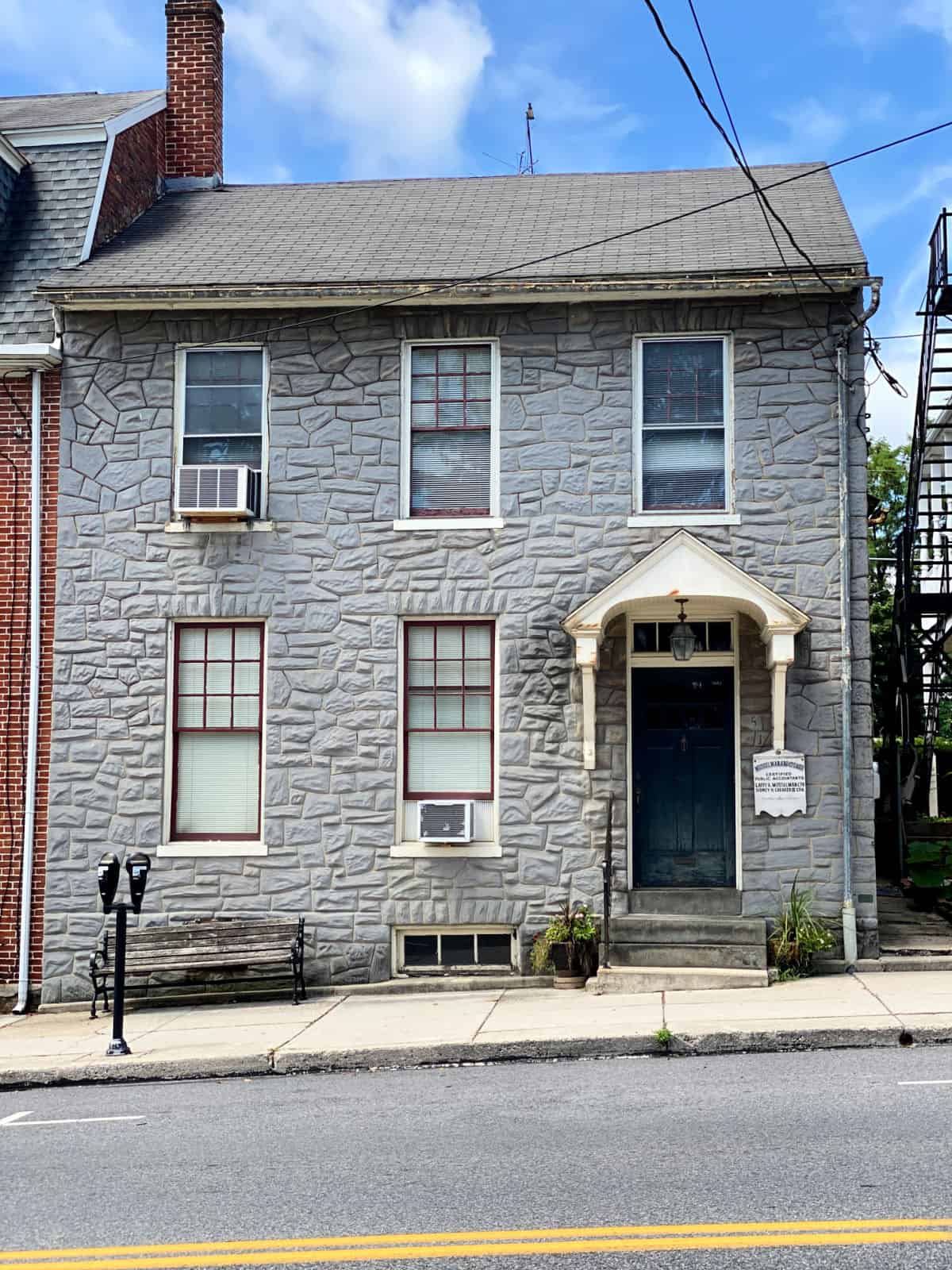 Old gray stone building.