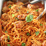 Pan of spaghetti and meatballs.