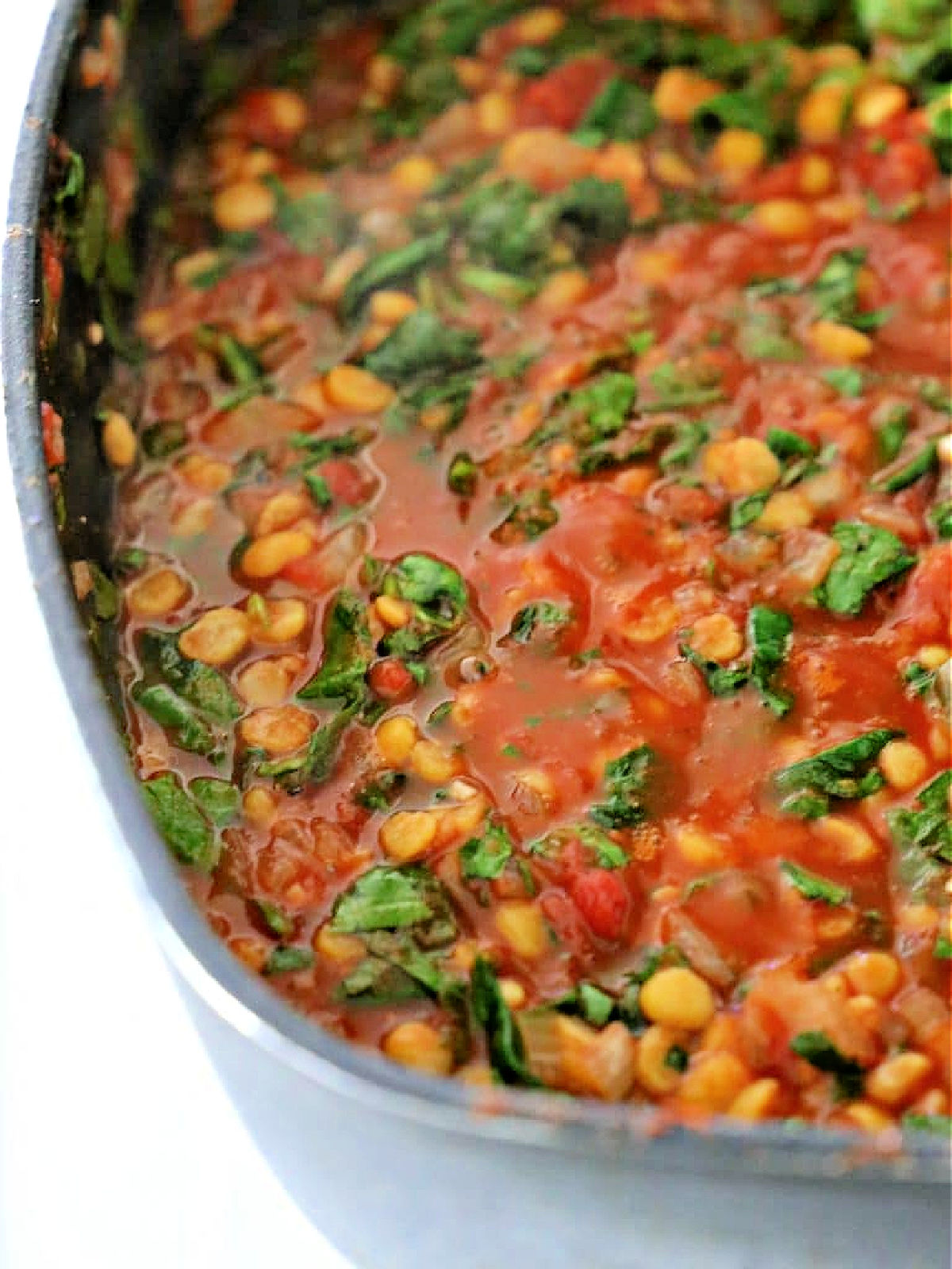 Spinach and Tomato Dal Skillet of tomato and spinach dal.