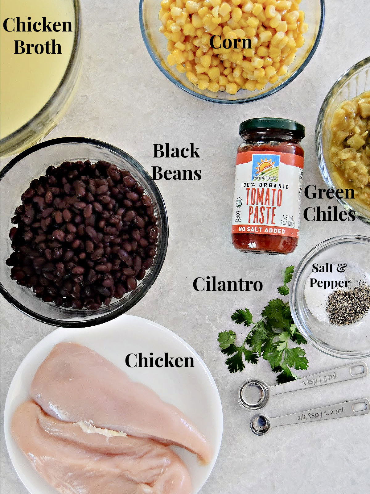 Ingredients to make chicken tortilla soup.