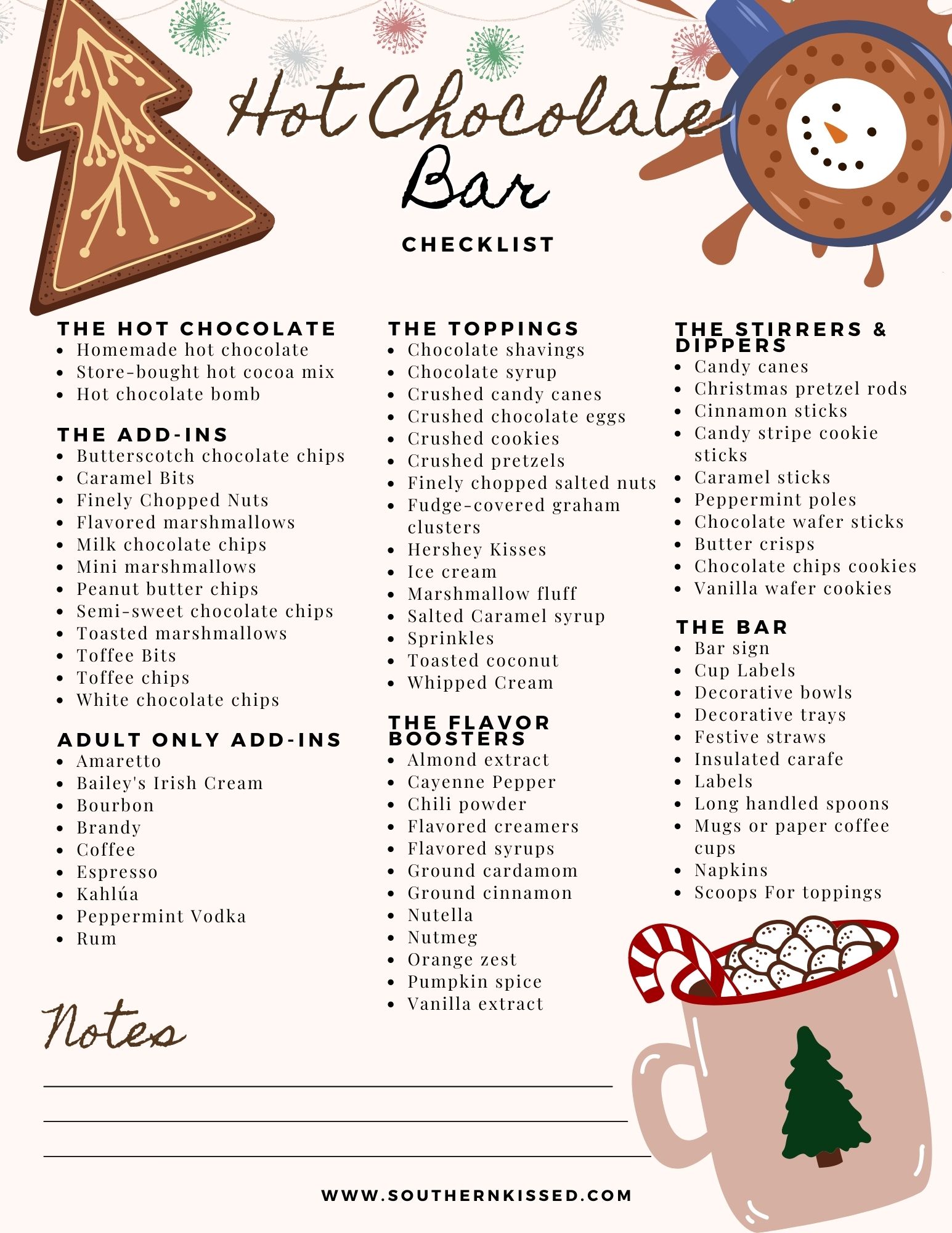 Printable Hot Chocolate Bar checklist surrounded by cozy winter decor and mugs of hot cocoa.