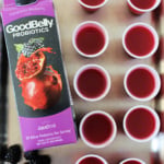 Gelatin shots on a sheet pan and carton of probiotic juice.