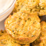 Zucchini tots on a plate next to Alabama White Sauce.