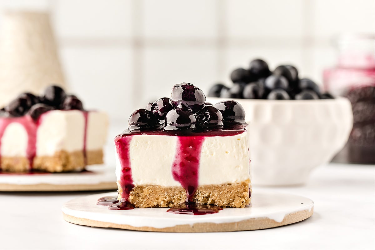 Slices of blueberry cheesecake.