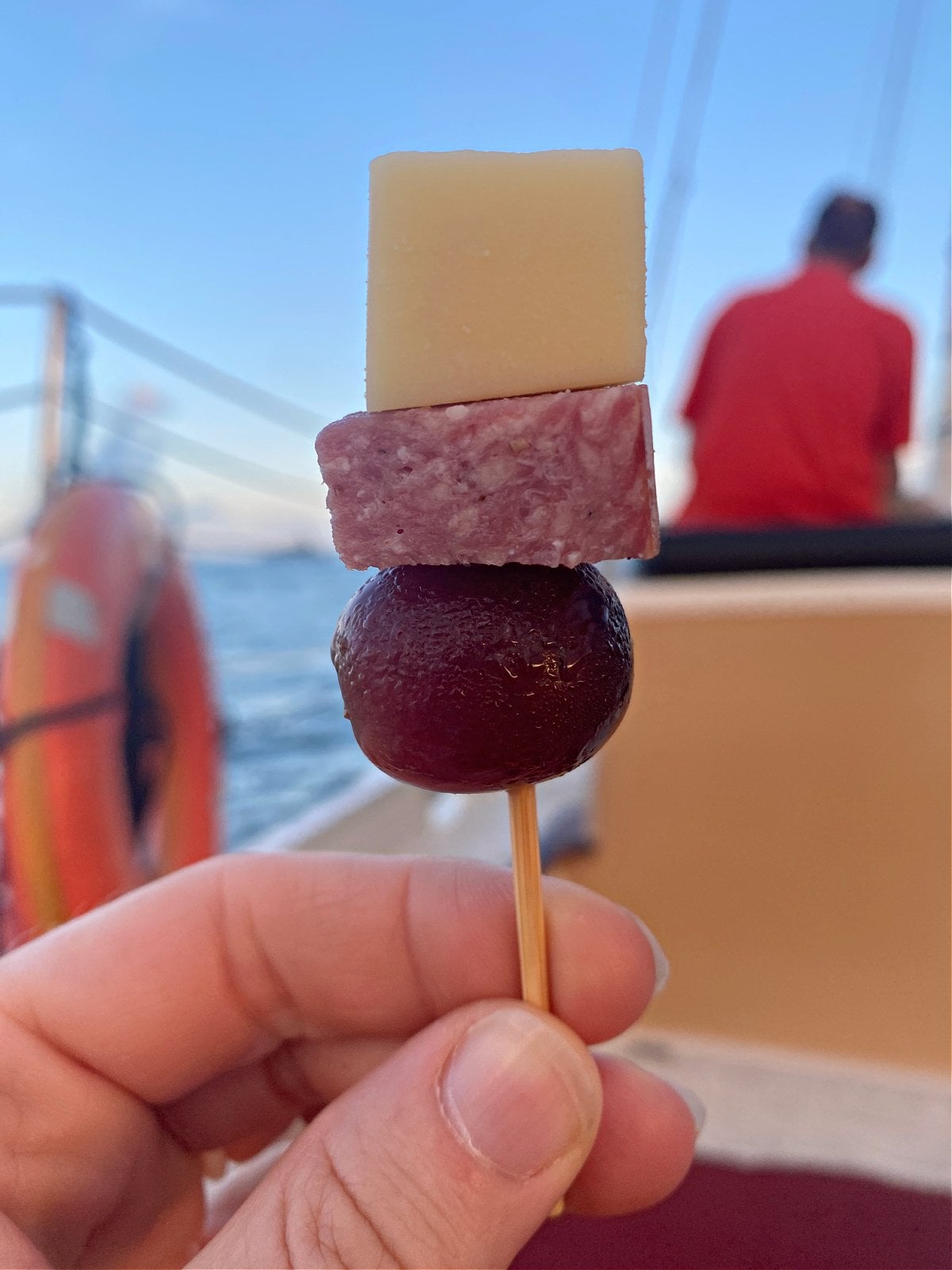 A grape, meat cube, and cheese cube on a stick.