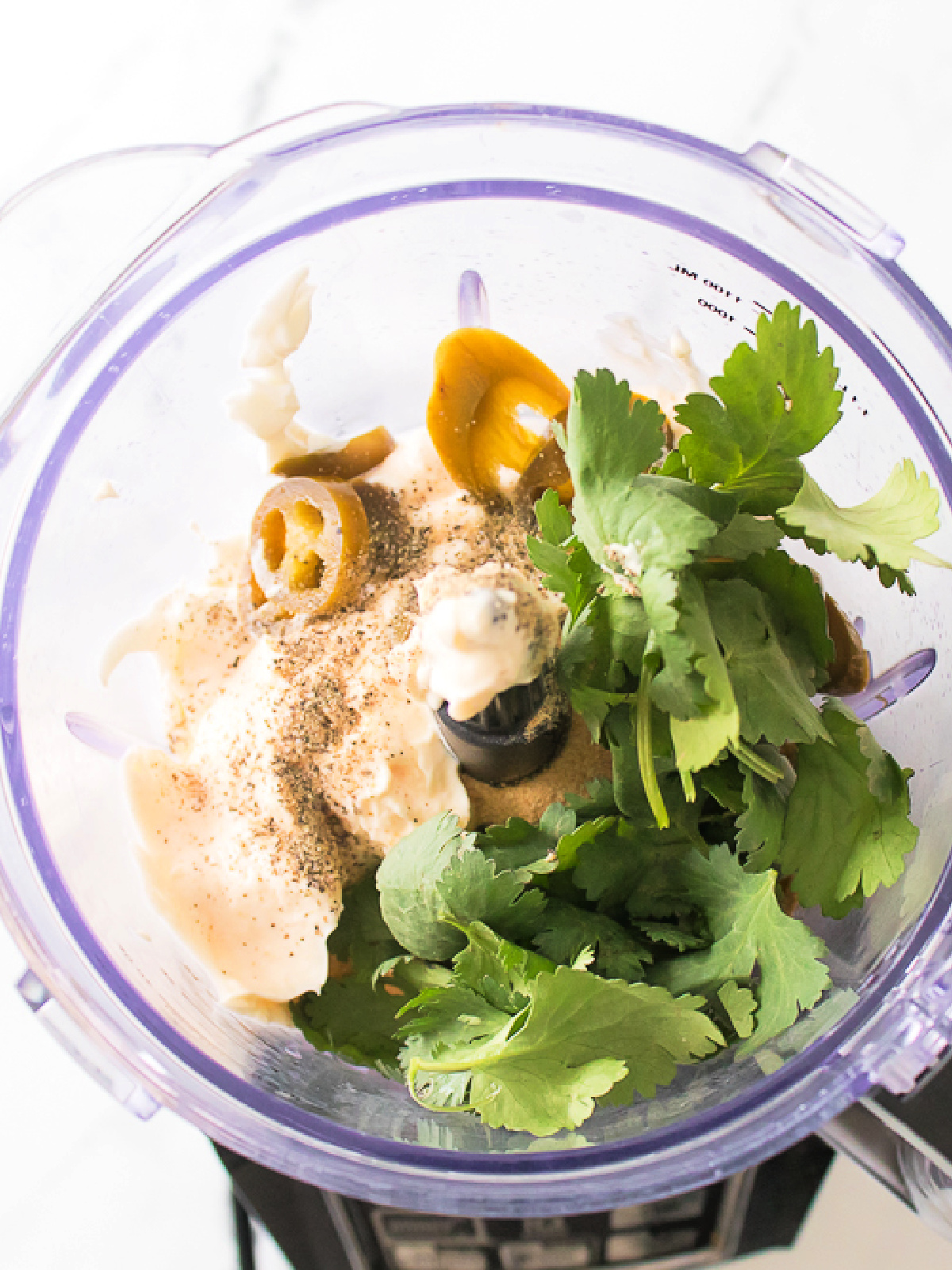 Fresh ingredients for jalapeño ranch dressing inside a blender before blending.