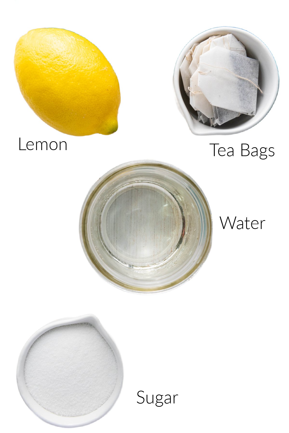Lemon, tea bags, water, and sugar.