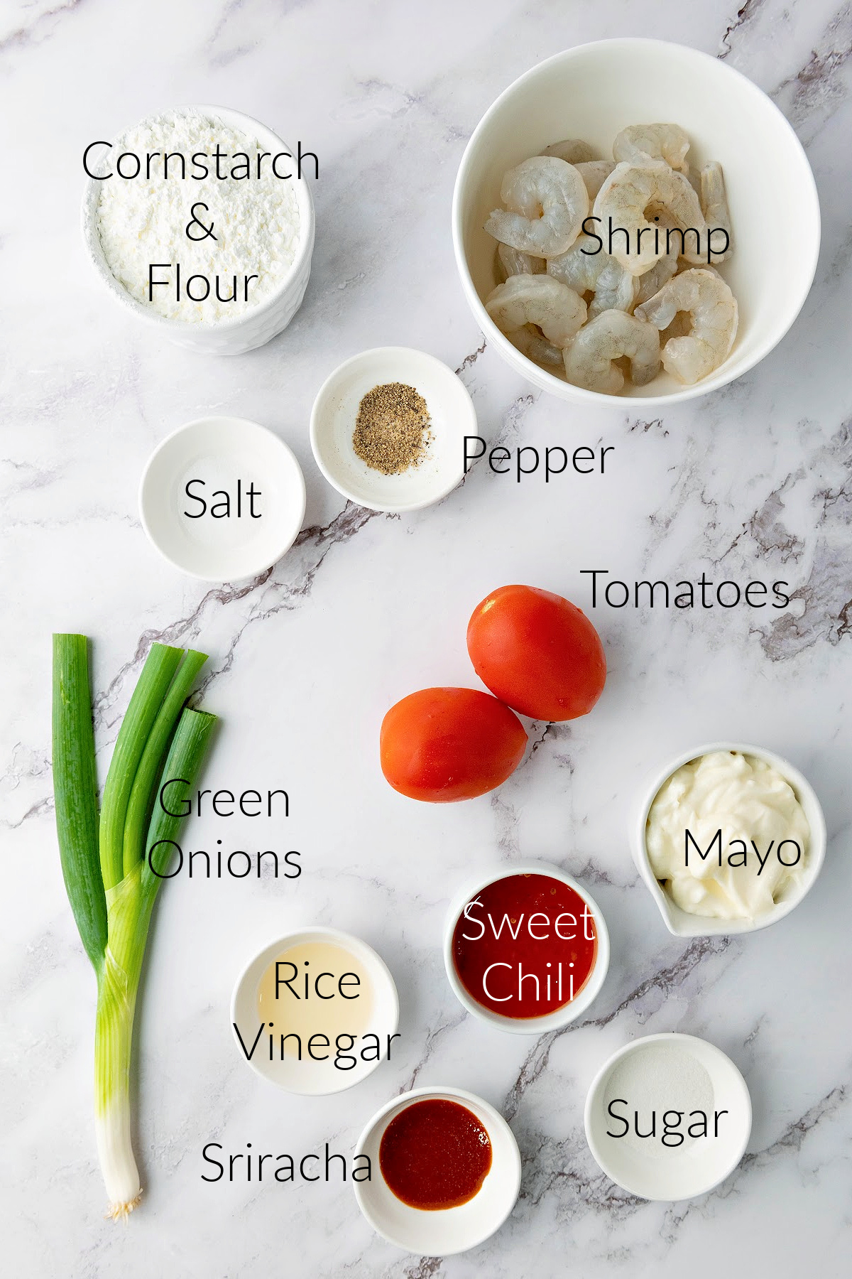 Ingredients arranged to make homemade bang bang shrimp.