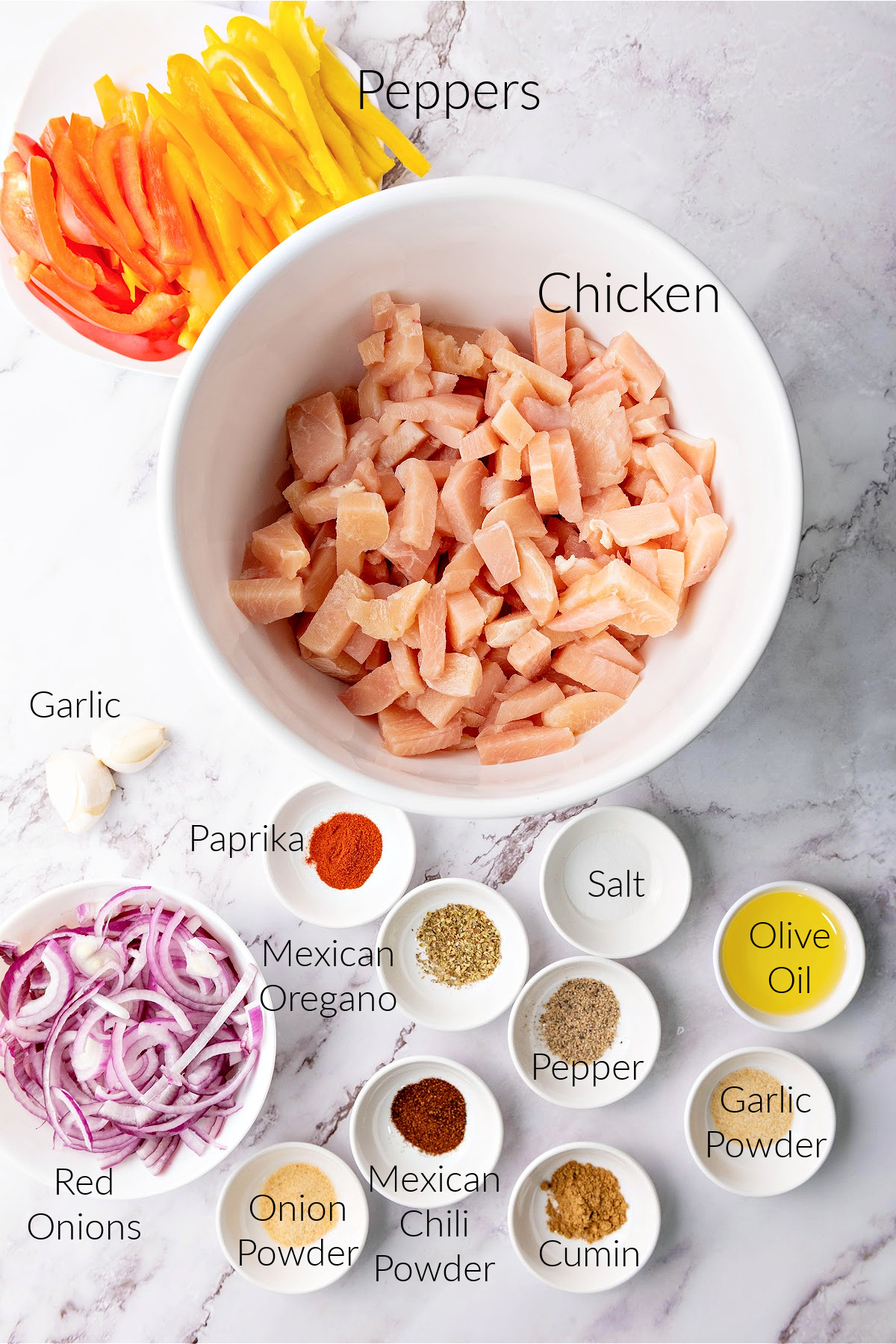 Ingredients to make chicken fajitas.