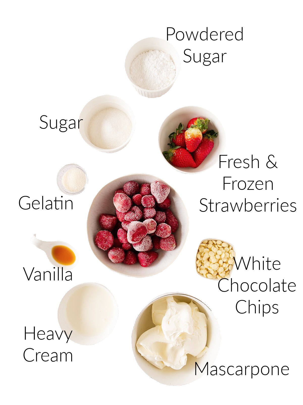 Ingredients for strawberry mousse: strawberries, mascarpone, cream, sugar, gelatin.