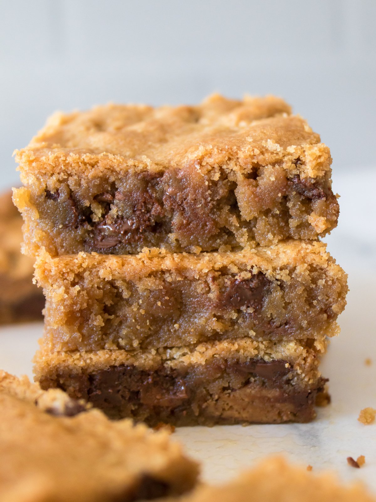 Stack of peanut butter blondies.
