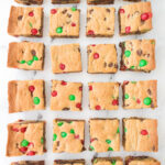 Slices of chocolate chip cookie bars.
