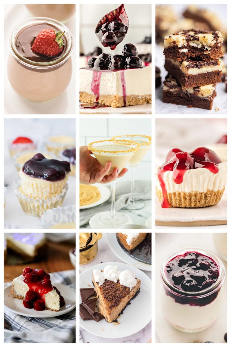 Collage featuring a variety of cheesecakes including chocolate jars, cherry-topped minis, blueberry bars, cheesecake brownies, tiramisu cheesecake, cherry cheesecake with cookie crust, and a cheesecake cocktail.