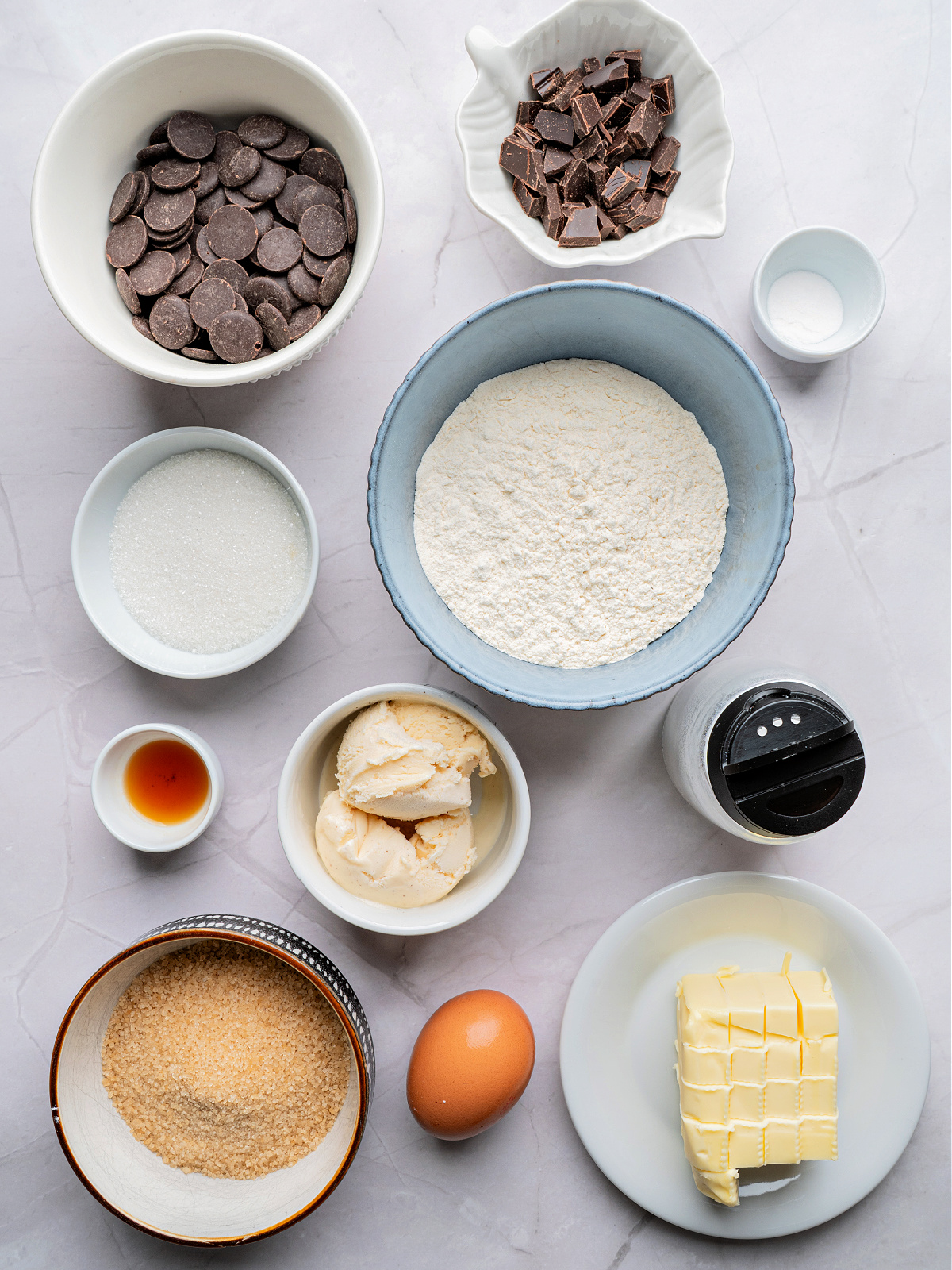 Ingredients to make a chocolate chip cookie.