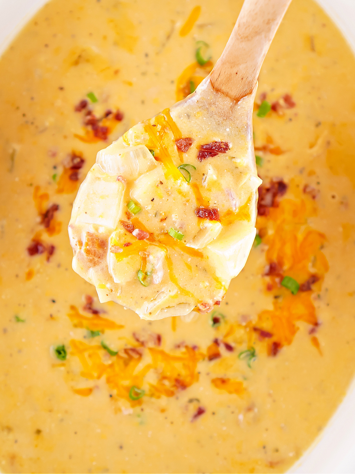 Close-up of a spoonful of cheesy potato soup showing tender potatoes and rich, creamy broth.