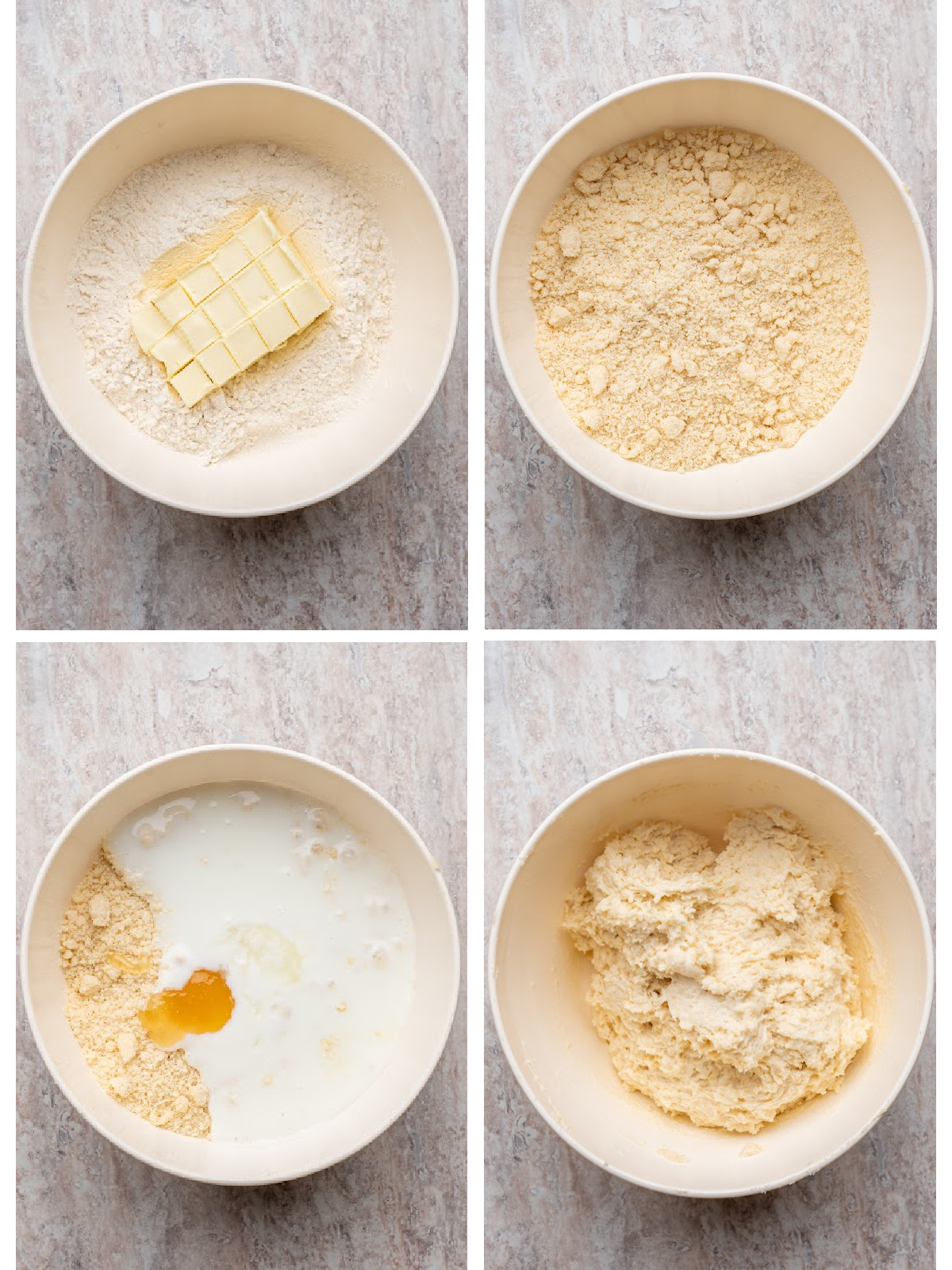 Step-by-step collage showing butter being cut into flour and ingredients mixed to make buttermilk drop biscuits.