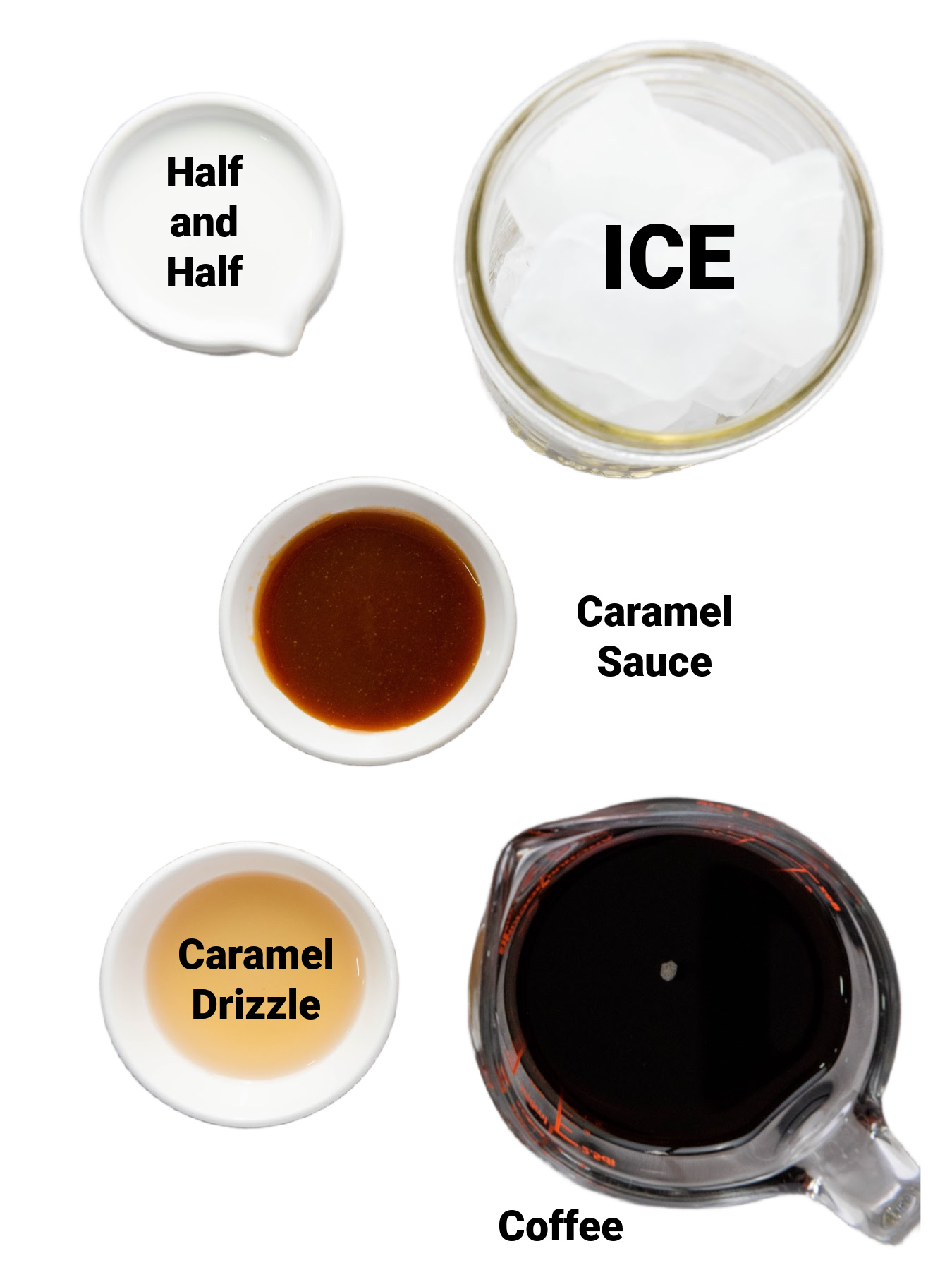 Flat lay of ingredients—coffee, caramel sauce, half-and-half, and ice—for making iced caramel coffee.