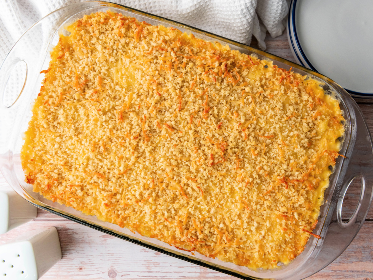Macaroni and cheese in a glass baking dish.