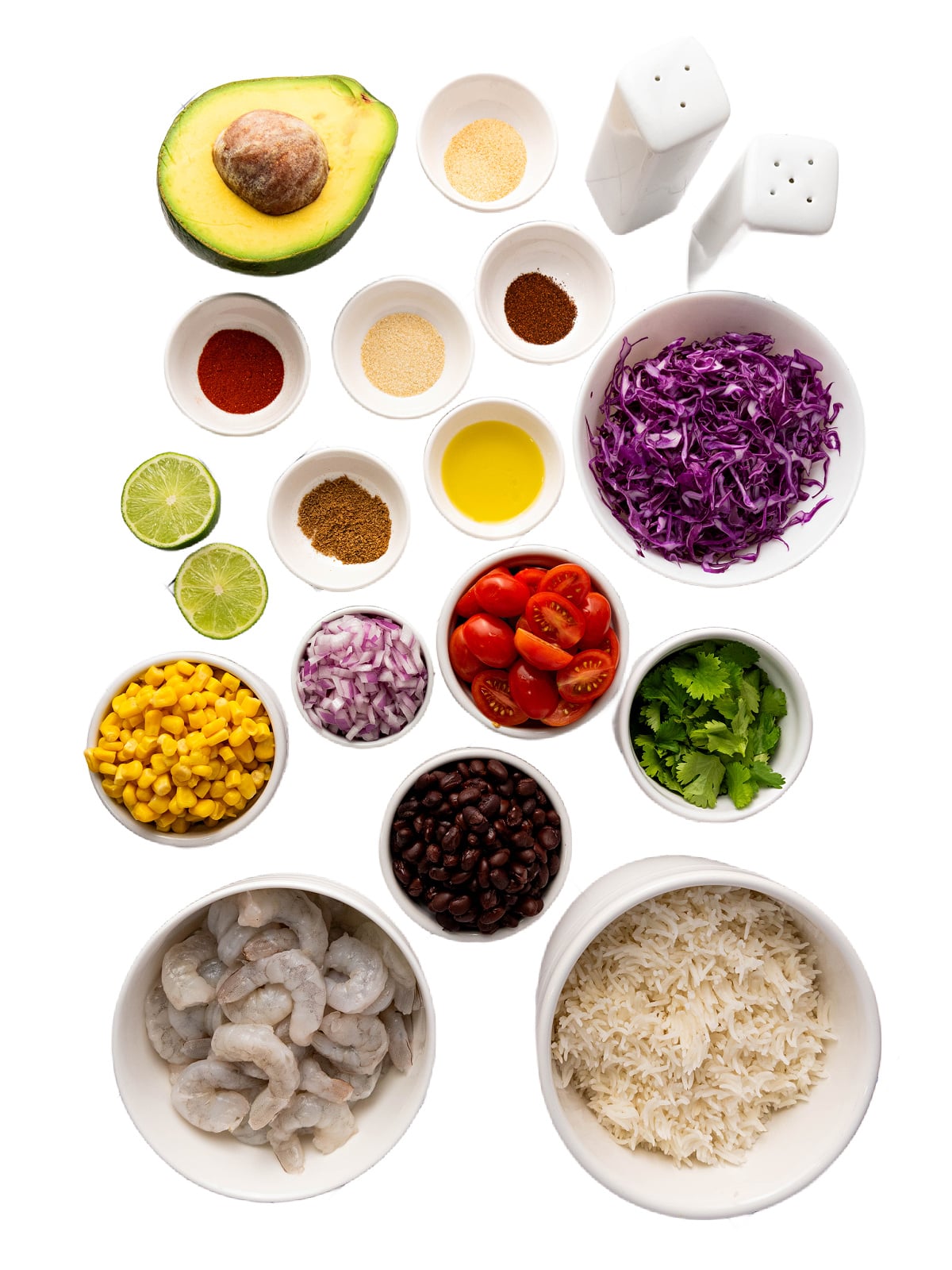 Ingredients to meal prep taco shrimp bowls.