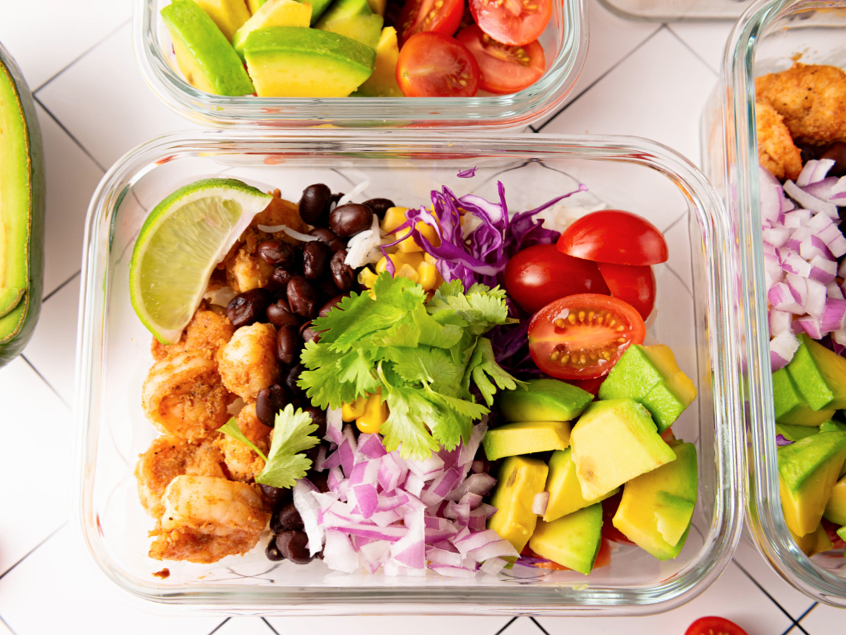 Meal prepped bowls of Shrimp Taco Rice.