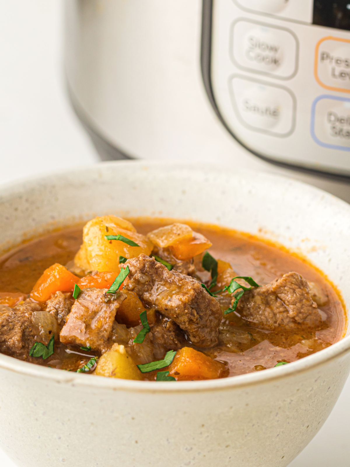 Finished beef stew in a bowl with tender beef, potatoes, and carrots in a rich broth, with an Instant Pot in the background.