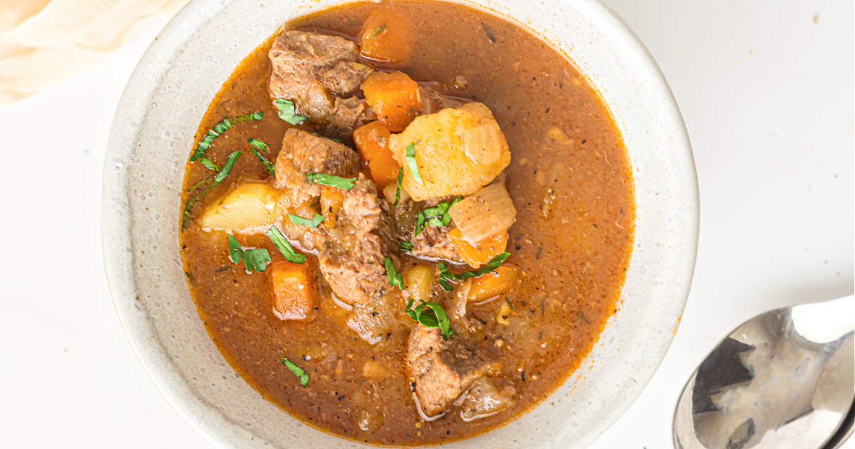 Overhead view of a bowl of Instant Pot beef stew garnished with fresh herbs, showing thick broth, beef, carrots, and potatoes.