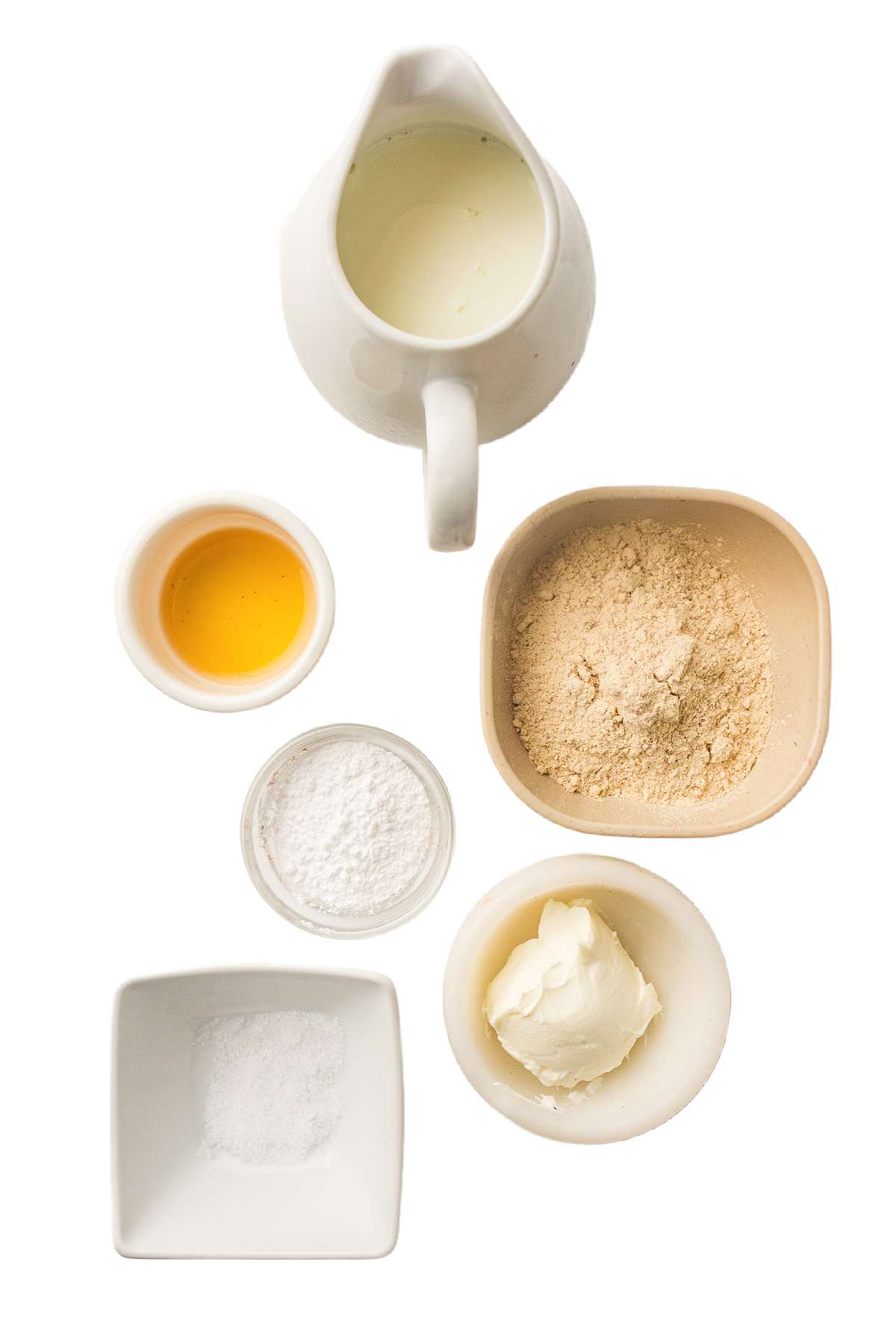 Ingredients for Ninja Creami high protein ice cream arranged on a white background.
