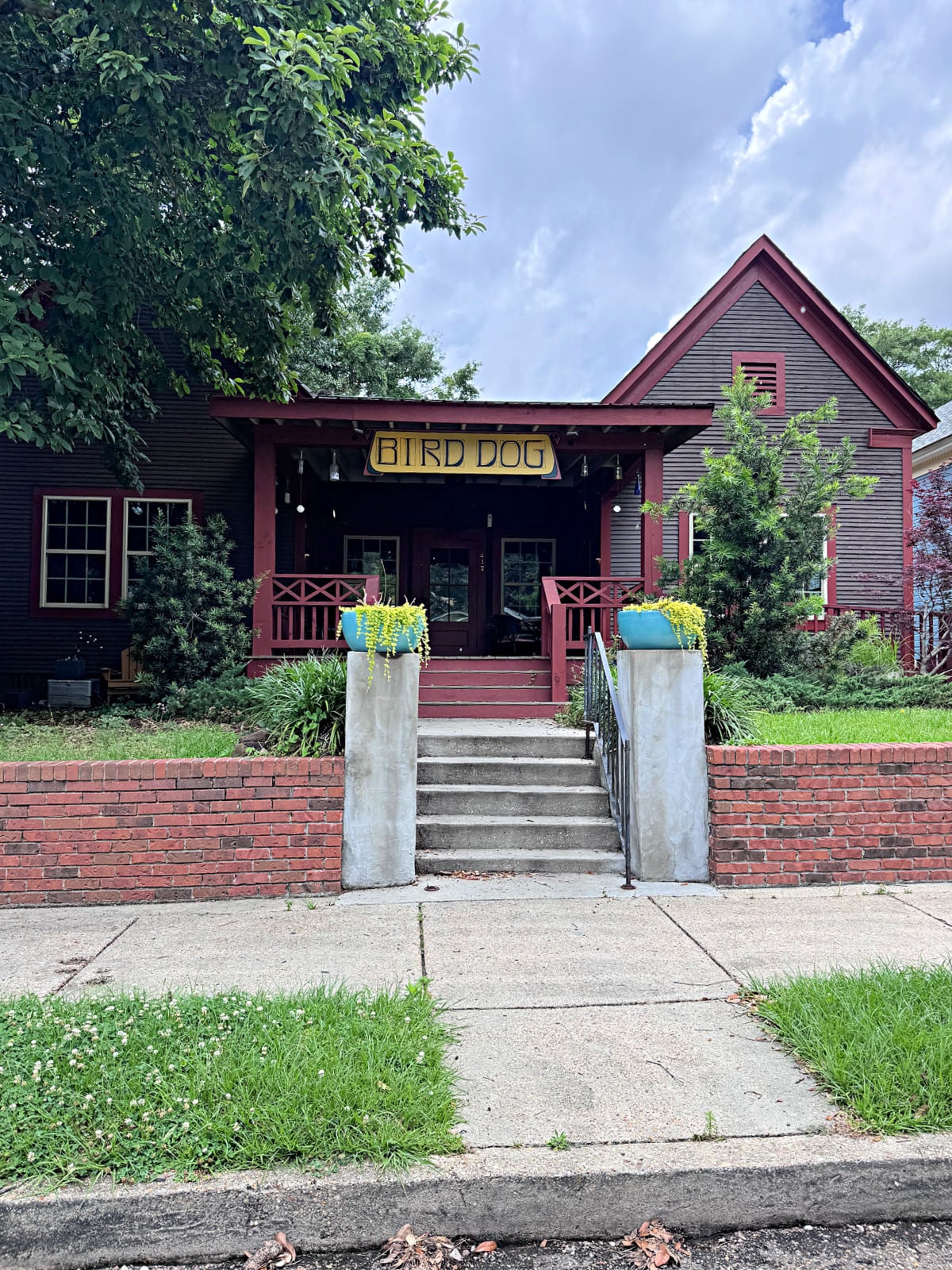Exterior of Bird Dog Café, a dark wood building with a red porch, hanging lights, and potted plants flanking the front steps.