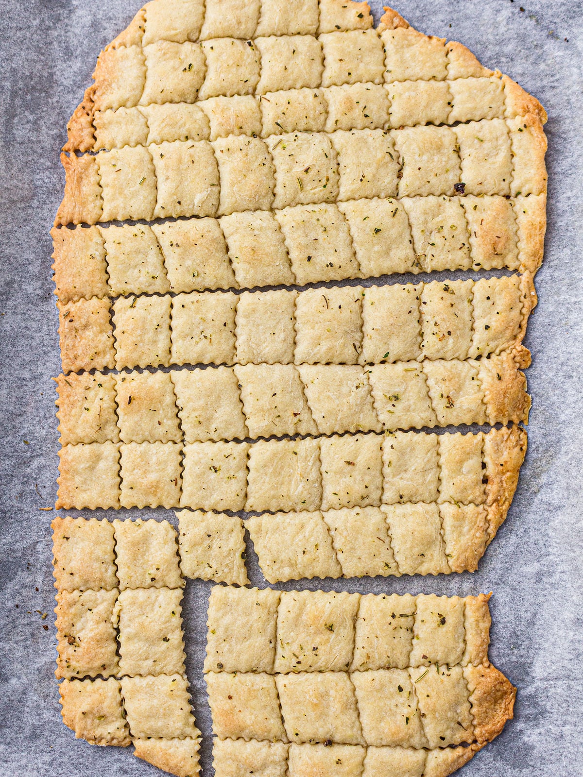 Baked sourdough discard crackers with golden edges and dried herbs on parchment paper.